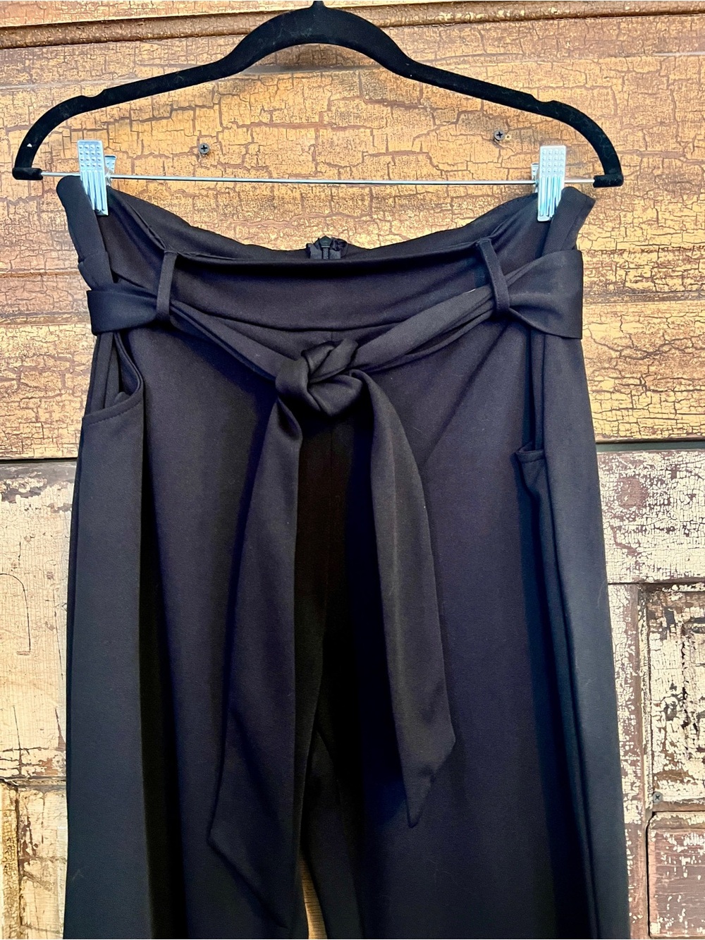 Black High Rise Wide Leg Pants | Tie Waist Career Trousers | Size L